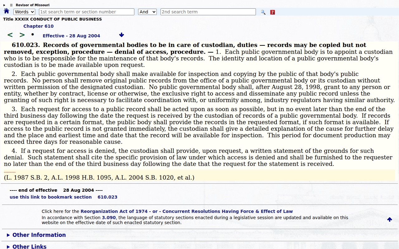 Missouri Sunshine Law official statute page