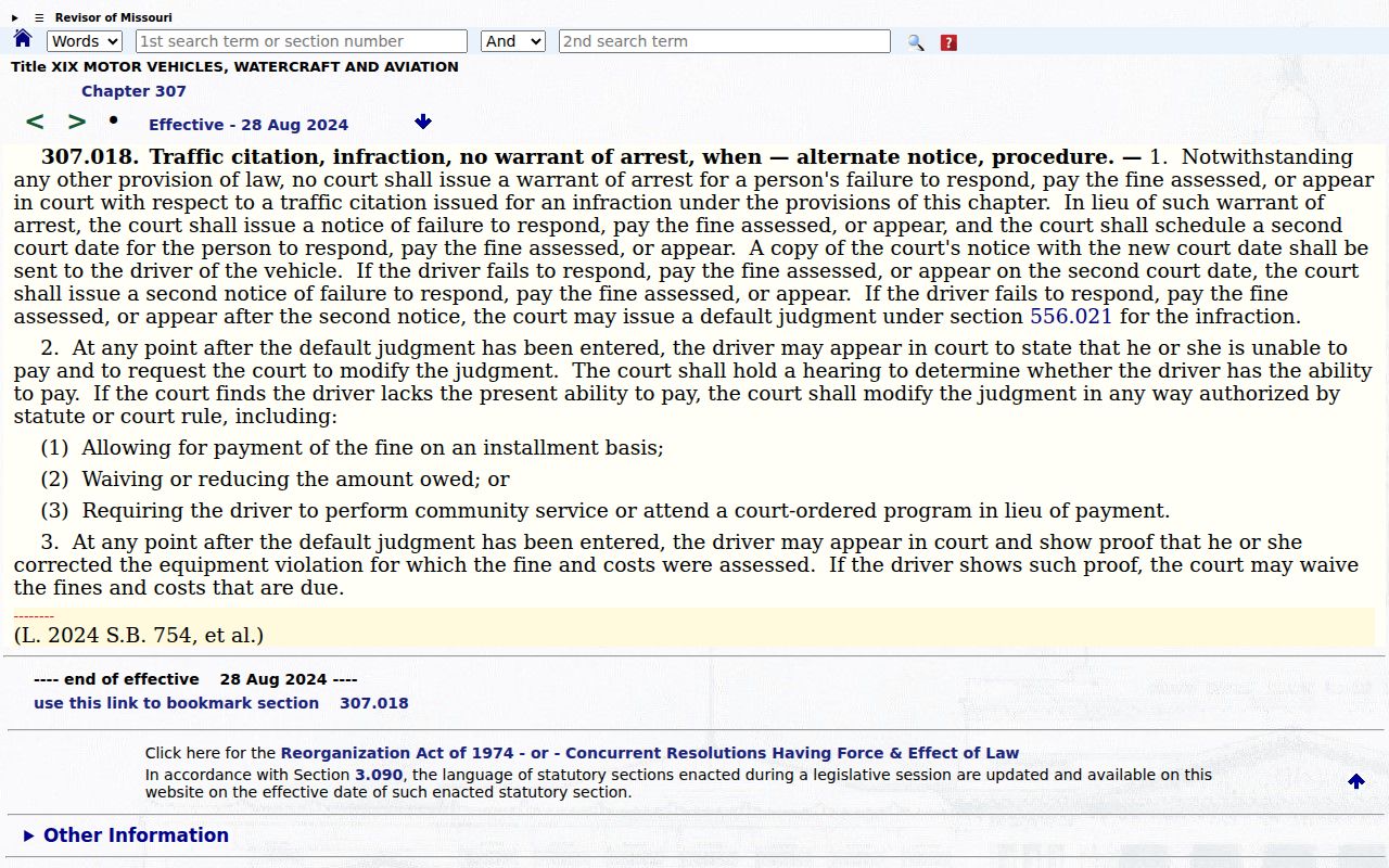 Missouri traffic infraction notice and warrant statute